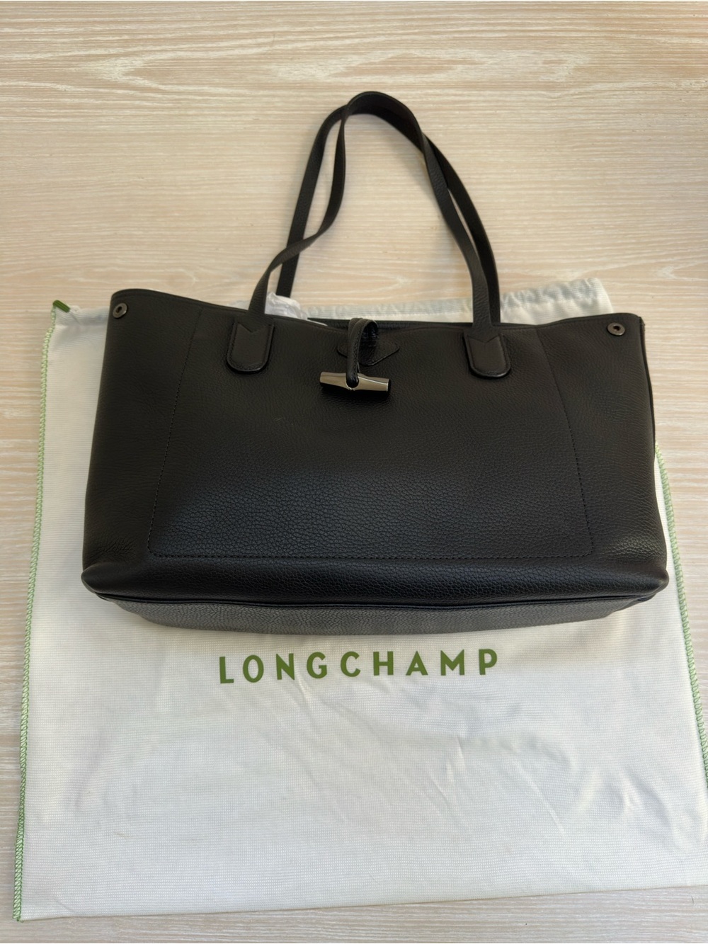 Longchamp Pebbled Black Leather Le Roseau Totebag